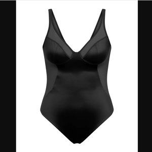 NWT Spanx Black Satin Shaping Mesh Thong Bodysuit XS